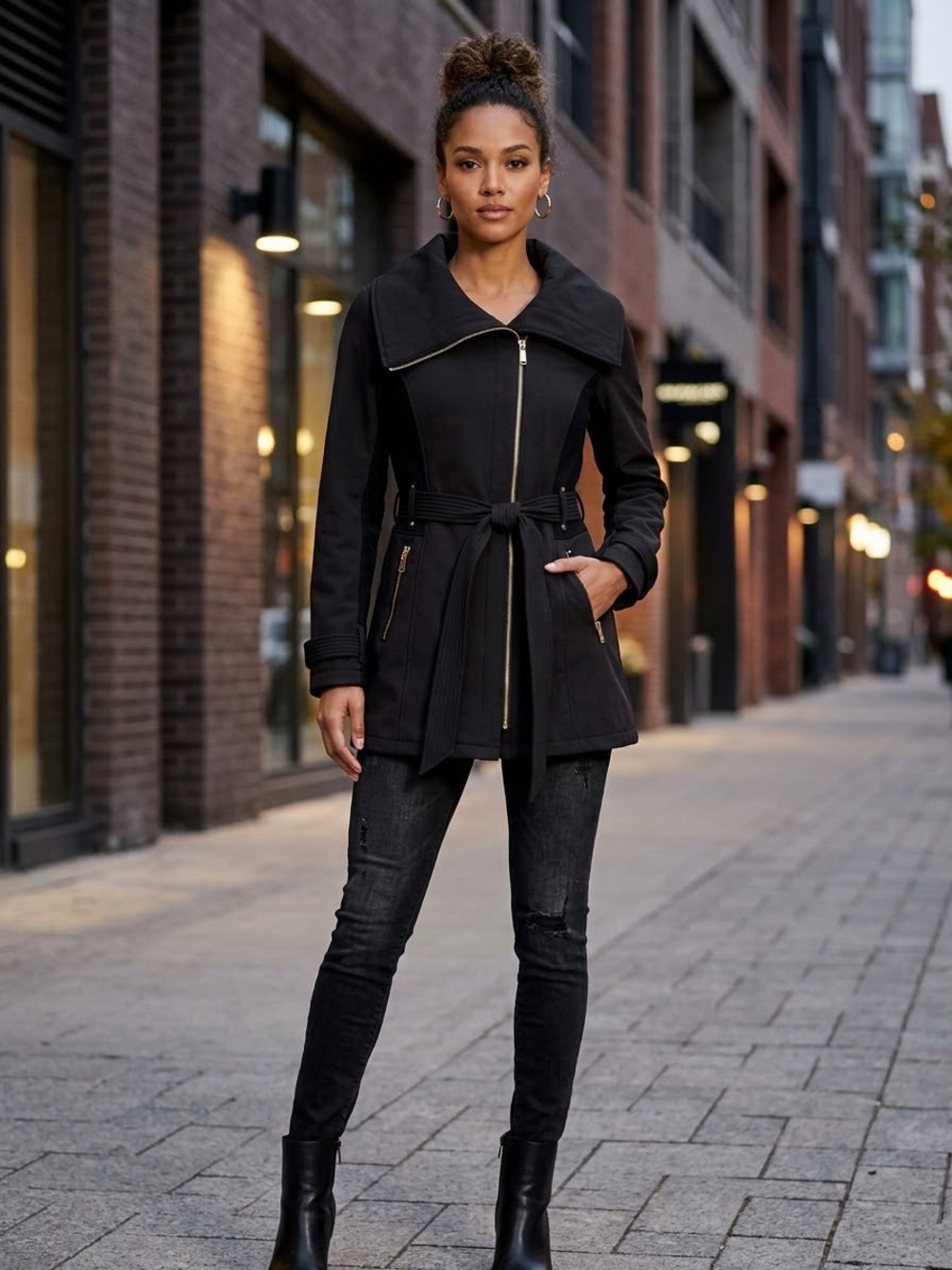 Avanti Black Trench Coat with Gold Hardware